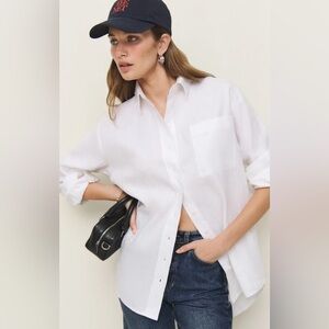 $128 REFORMATION Shirt Womens Oversized XS (Fits L) 100% Linen White Button Up